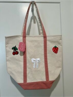 Mayim Canvas Tote Bag with Pink Trim and Fruit Patches Strawberry, Cherry, Bow